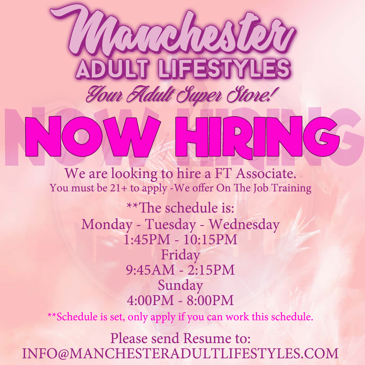 Now Hiring - Manchester Adult Lifestyles Manchester NH Adult Novelties Smoke Shop Adult Toys Shoes Accessories